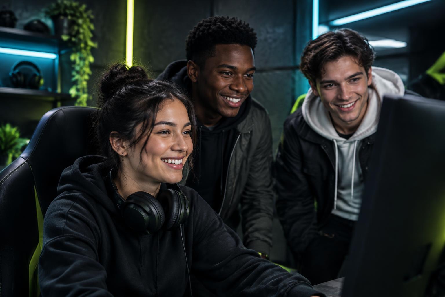 Friends sharing a moment in an esports studio