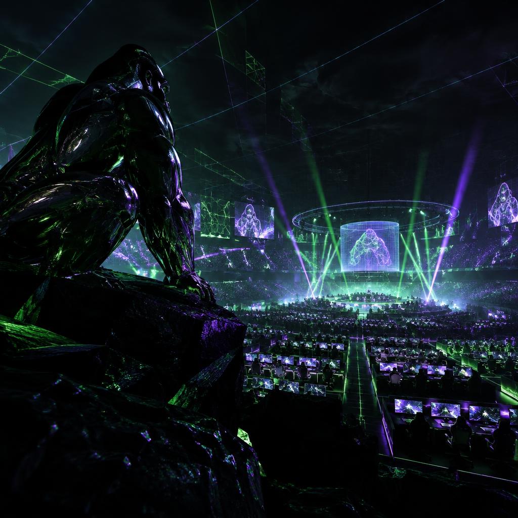 Futuristic esports arena lit in neon green and violet